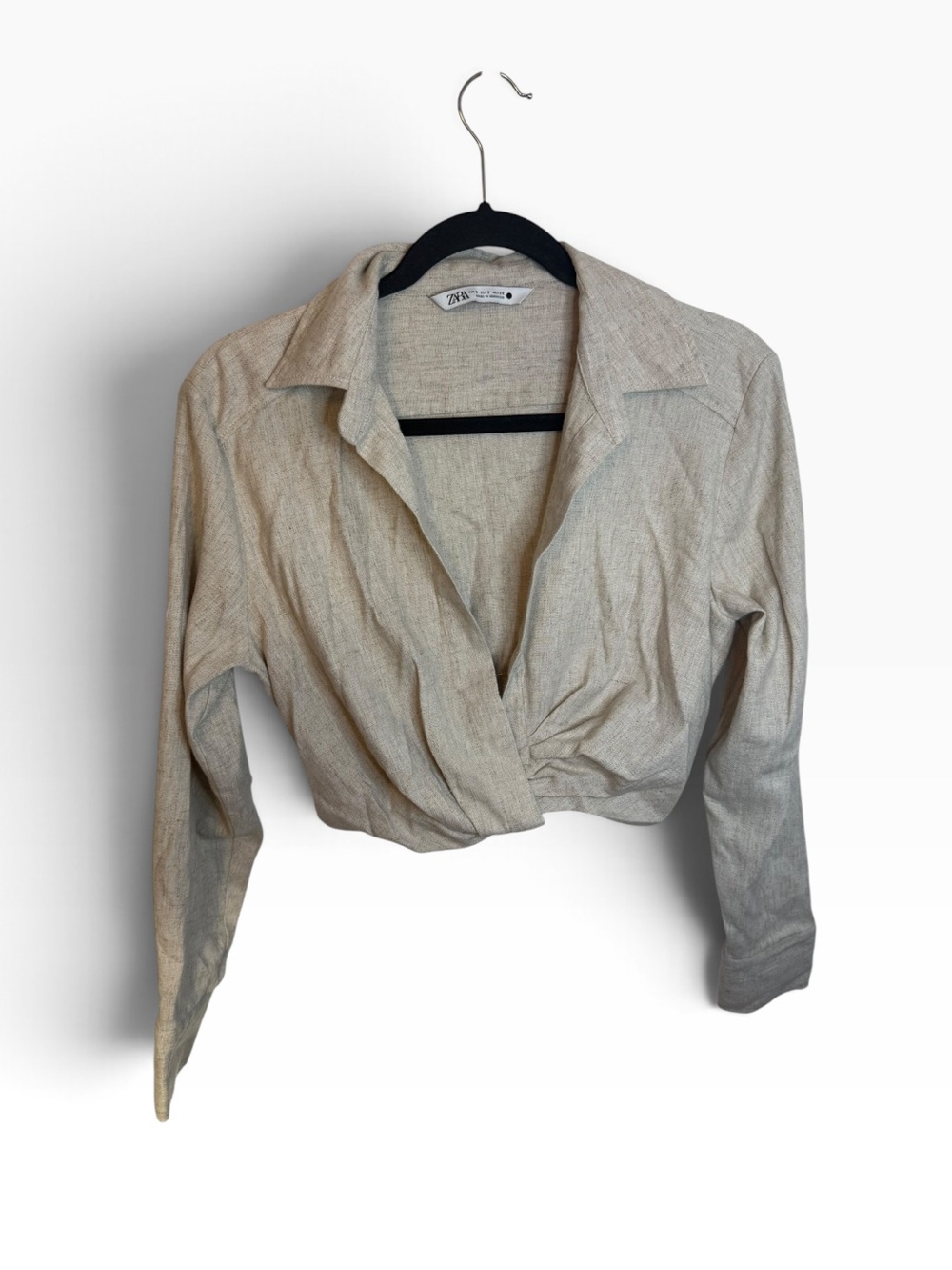 Zara Beige Linen Cropped Twist Coastal Top
